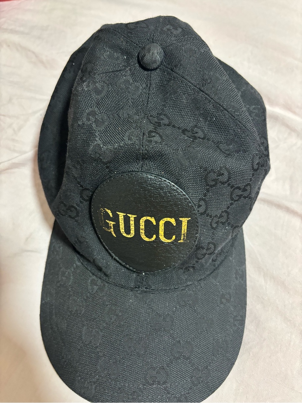 Gucci Black Monogram Baseball Cap with Gold Logo Patch